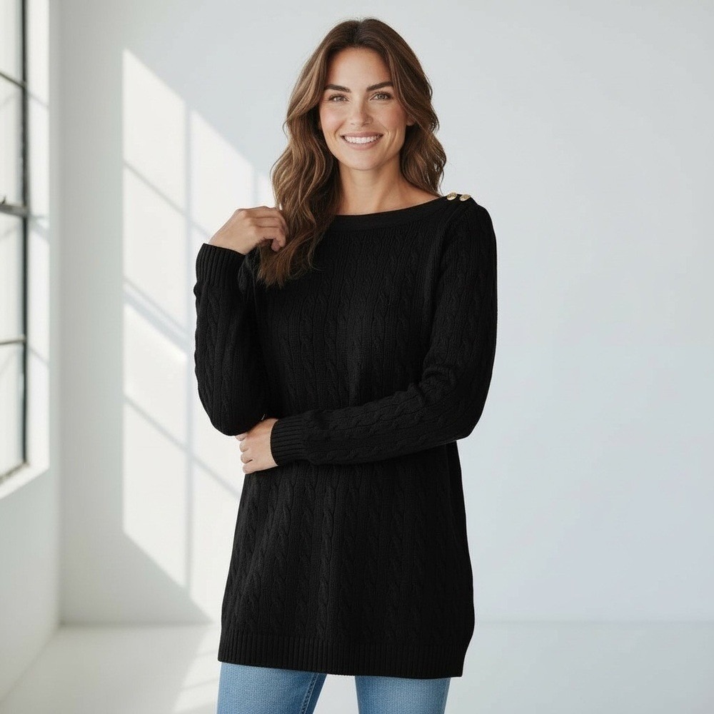 Lauren Ralph Lauren Women Small Black Cable Knit Gold Button Sweater‎